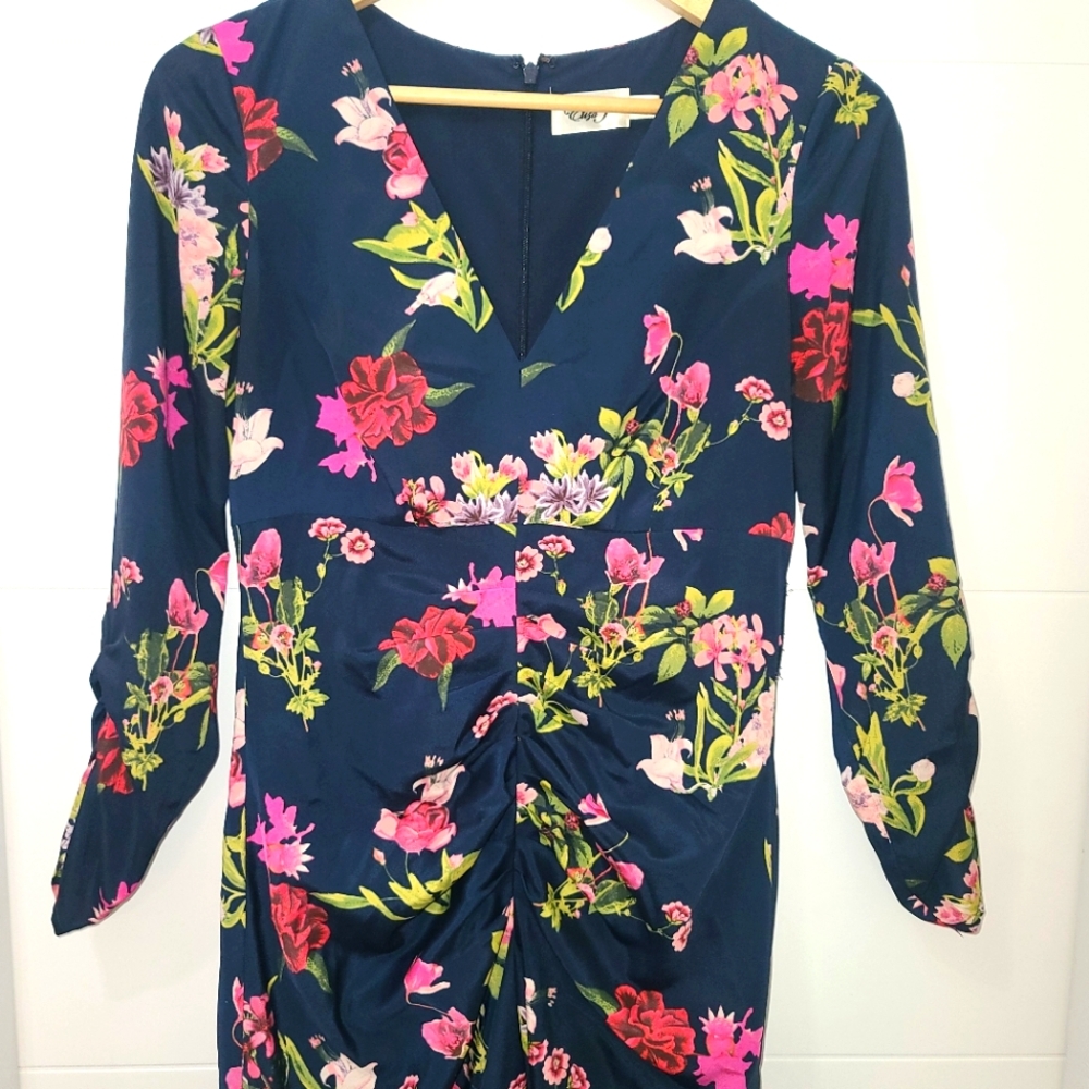 Eliza J Floral Navy Midi Cinched Dress Sz 6 EUC - Picture 2 of 10